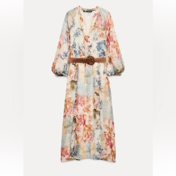 ZARA BELTED FLORAL PRINT MIDI DRESS